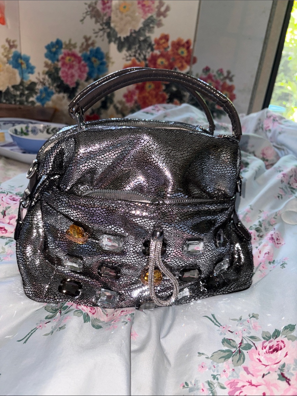 Women's Jeweled Metallic Satchel Handbag - Silver - Picture 3 of 12